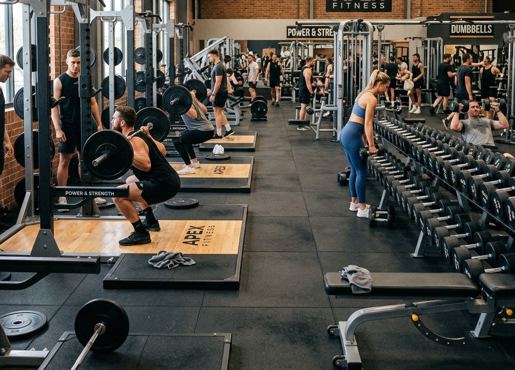 Several people lifting barbells and dumbbells in a gym with weight racks and fitness equipment